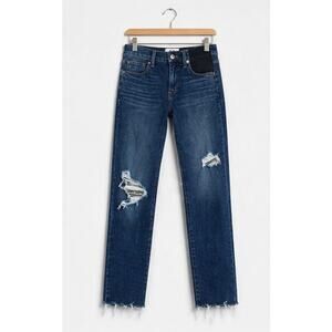 PAIGE Distressed Straight Leg Jeans Womens 28 Medium Wash Raw Hem Denim